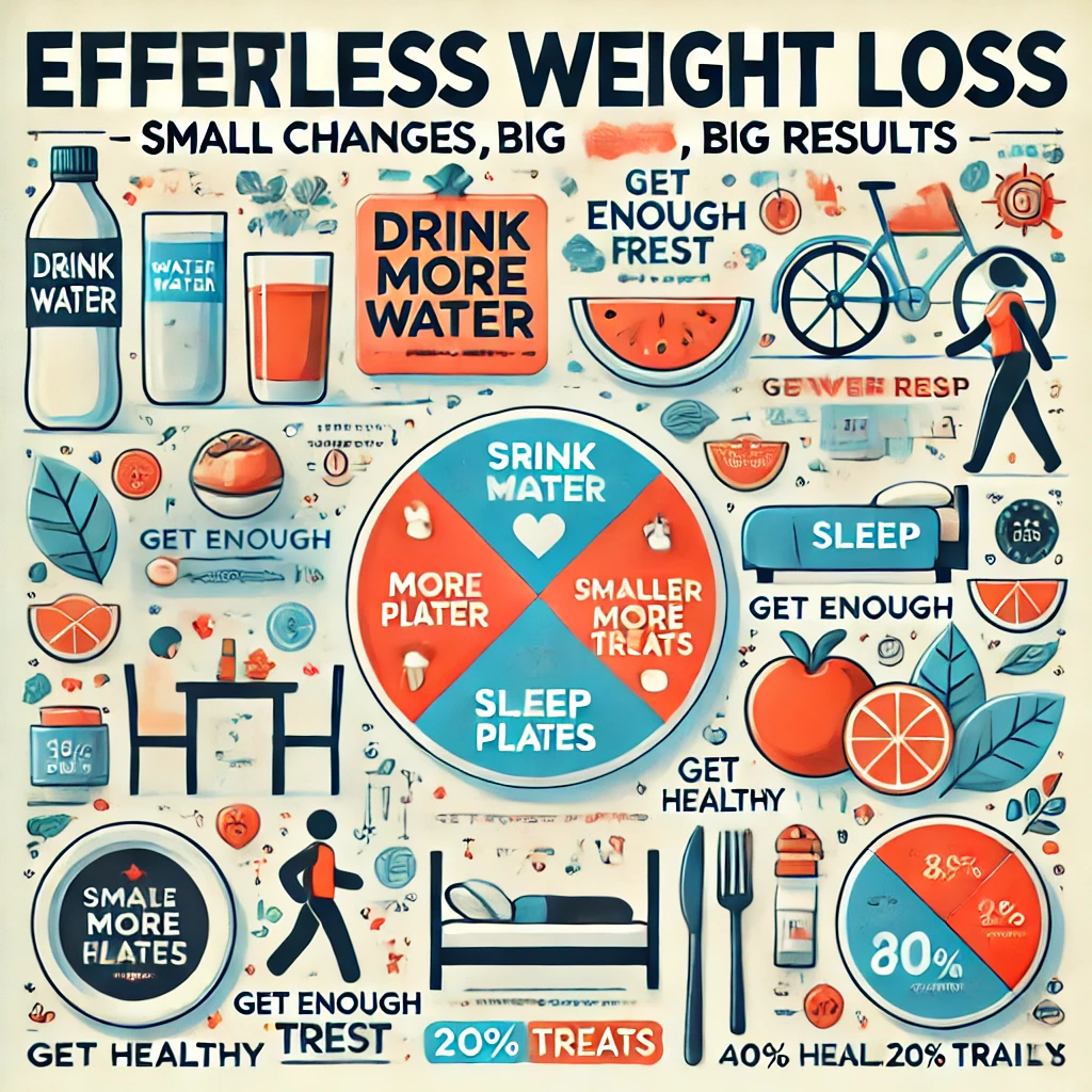 DALL·E 2025 01 31 07.25.15 A visually appealing infographic titled Effortless Weight Loss Small Changes Big Results. The infographic includes sections with icons and illustr