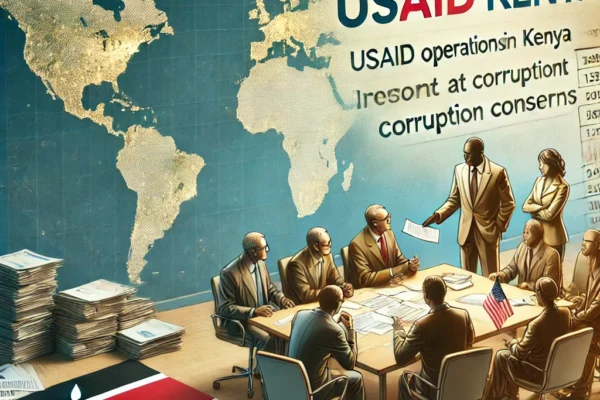 A conceptual illustration of USAID operations in Kenya, showing officials reviewing financial reports and discussing aid distribution. The image highlights concerns about funding transparency and potential corruption issues.