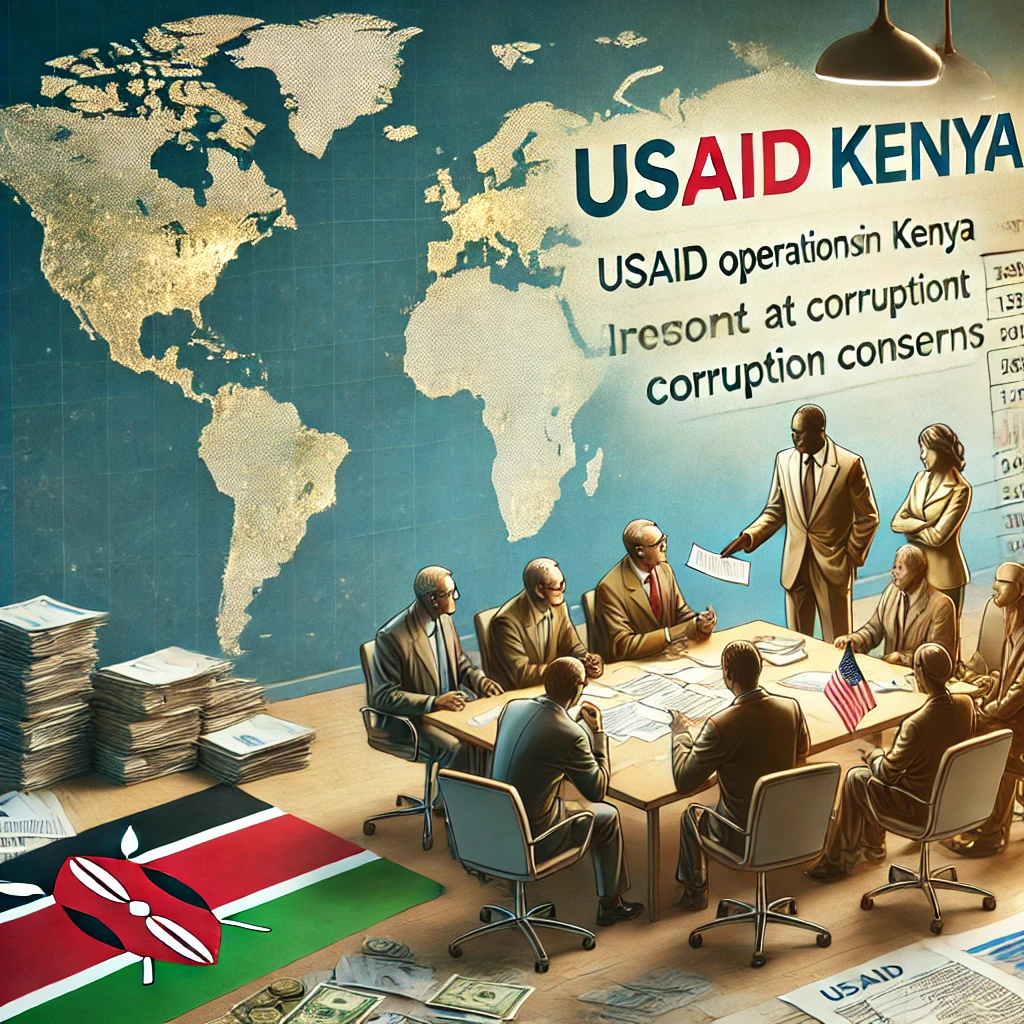 A conceptual illustration of USAID operations in Kenya, showing officials reviewing financial reports and discussing aid distribution. The image highlights concerns about funding transparency and potential corruption issues.